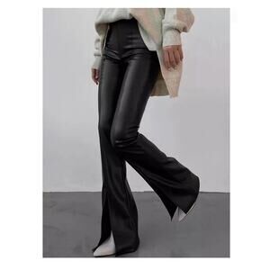 Commense Sleek Black Faux Leather‎ Flared Pants High Waist Split Hem Trousers Lg